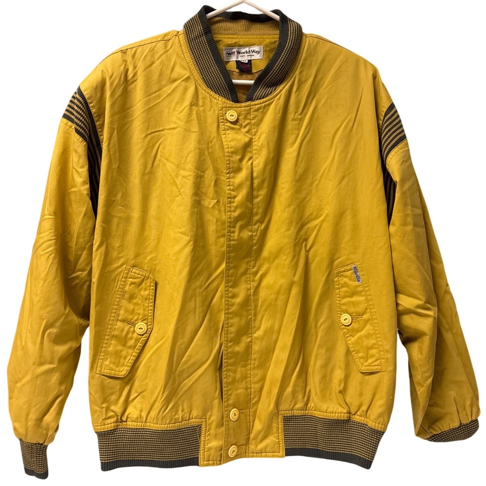 Vintage World Way Yellow Bomber Jacket Striped Collar‎ Cuffs Casual Outerwear L